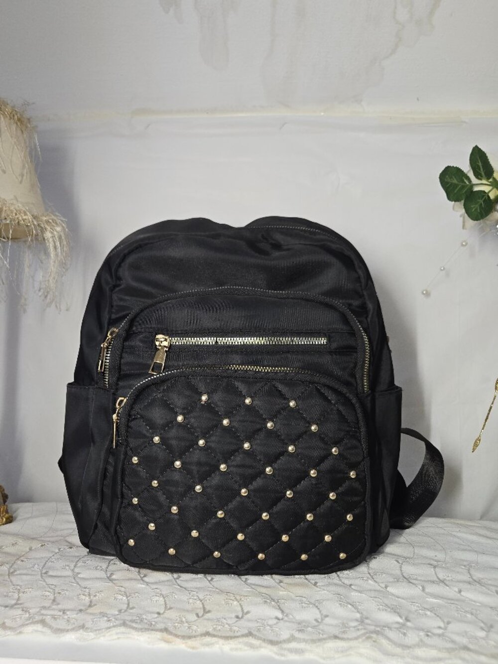 🎒  Black Quilted & Studded Multi-Pocket Nylon Backpack Purse Bag Travel 🎒